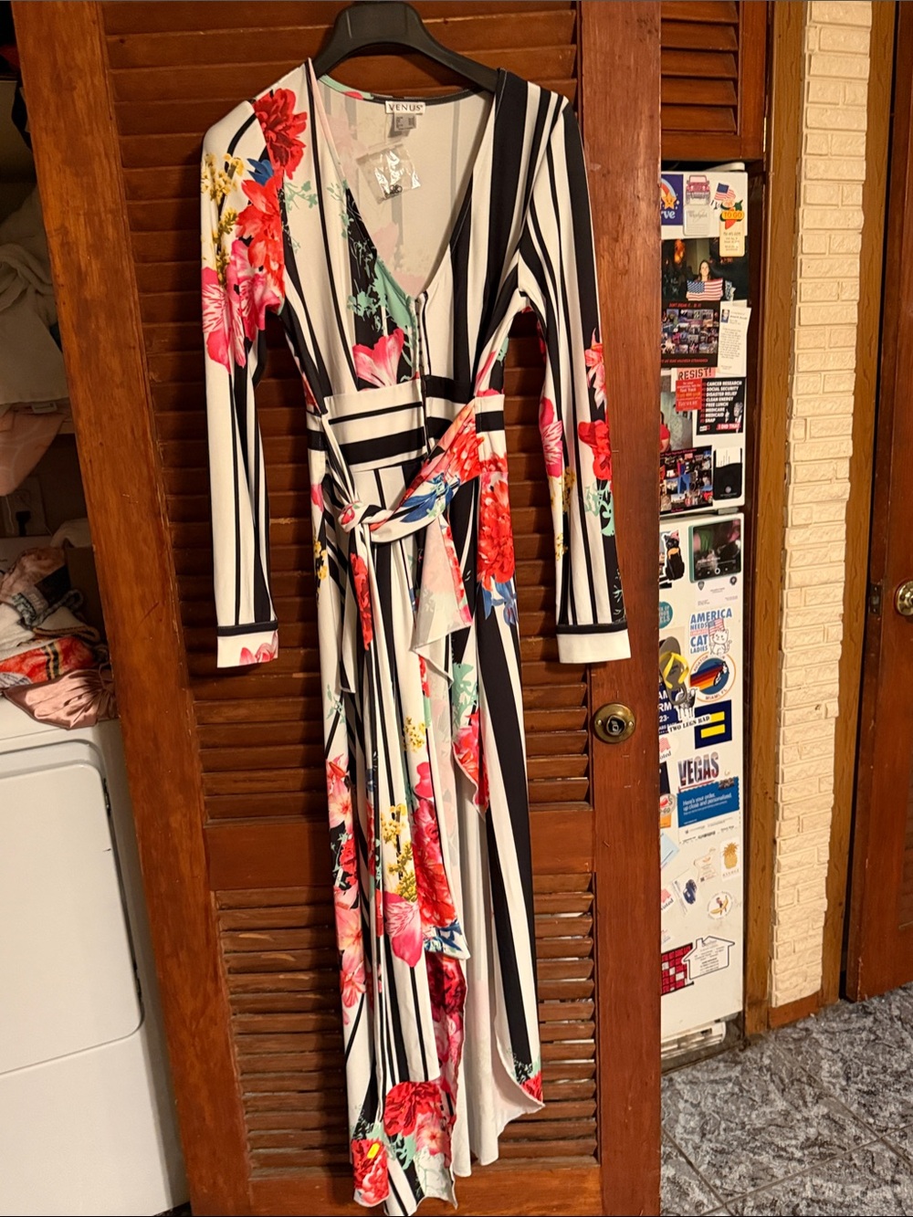 Venus Black & White Striped Wrap Maxi Dress with Multicolored Floral